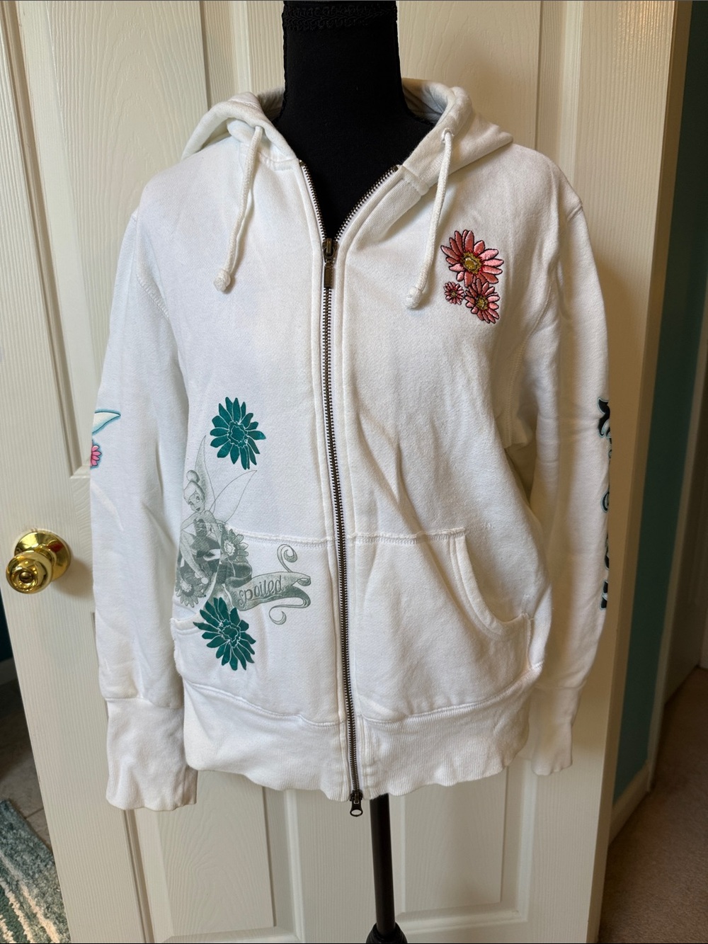 Rare Y2K Disney Parks Vintage Tinker Bell Floral Tattoo Zip Up Hoodie XL